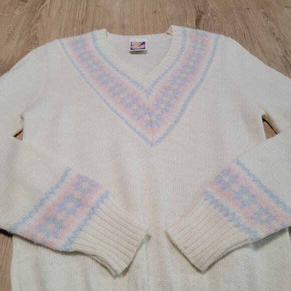 Offspring Wool Blend Sweater Academia V Neck Fair Isle Coquette Fairy VTG 70s - Picture 1 of 10